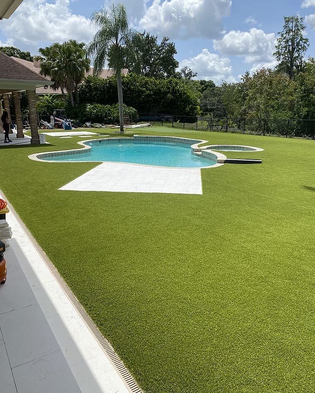 Artificial turf lawn wrapping a curved pool and spa, seen from the side yard